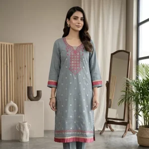 Women's Slate Grey Silk Blend Kurti – Contrast Coral Pink Embroidery & Lace Border, Straight Fit
